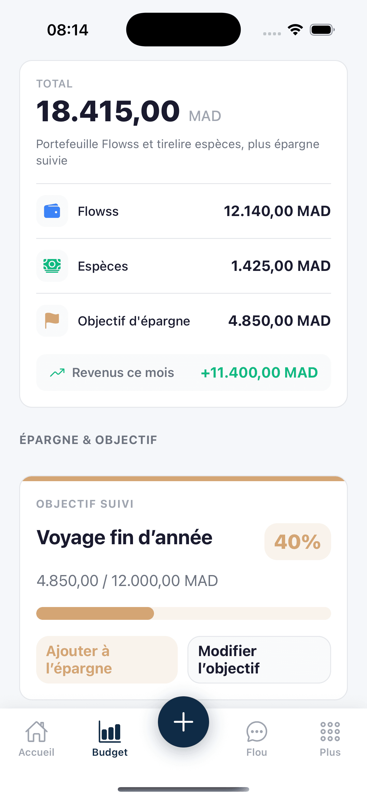 Flowss - onglet Budget, synthèse du mois et reste à dépenser