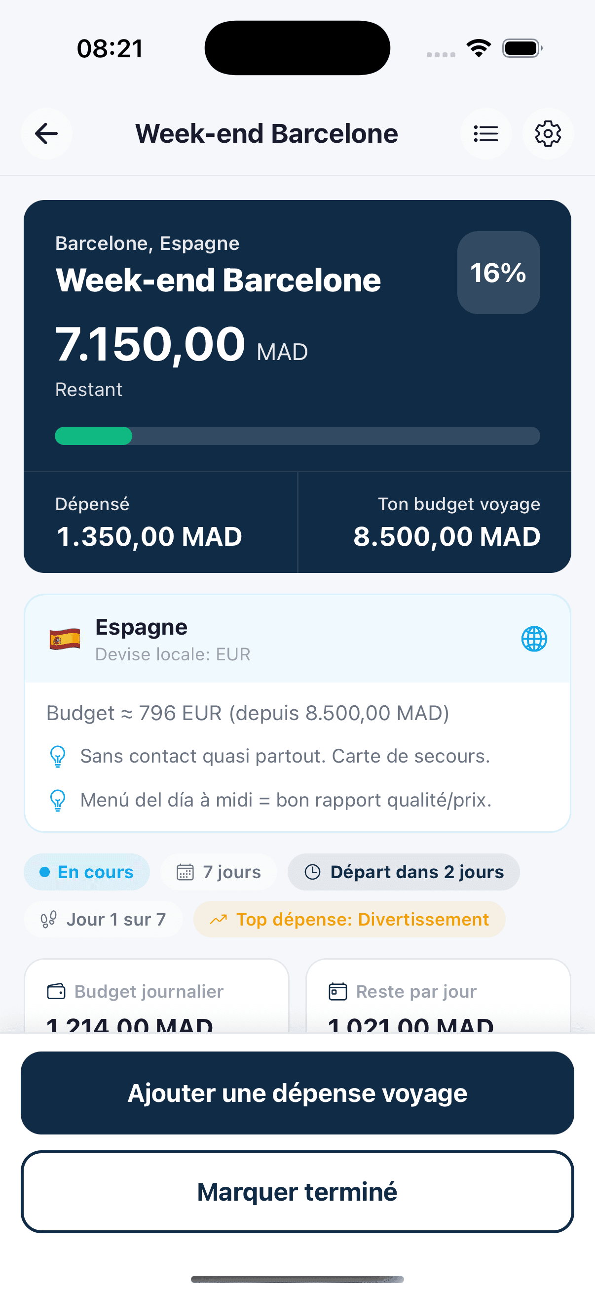 Flowss, vue voyage avec budget et dépenses