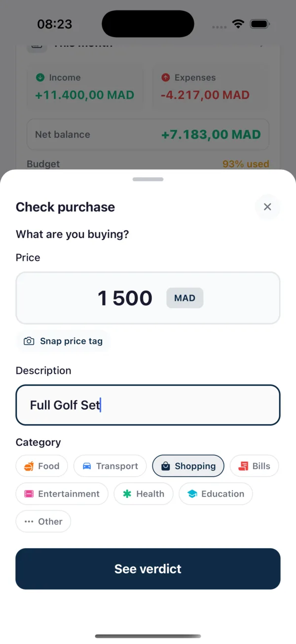 Check purchase dans Flowss : saisie du prix et de la catégorie avant le verdict