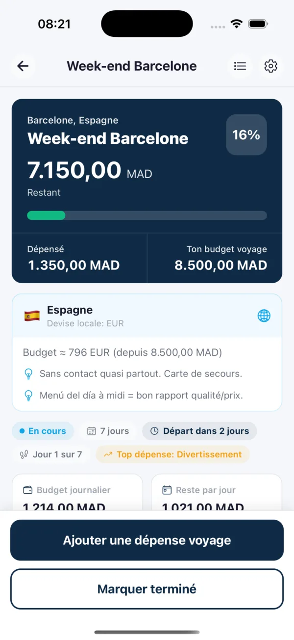 Mode Voyage dans Flowss : budget d’un week-end à Barcelone, dépensé et restant